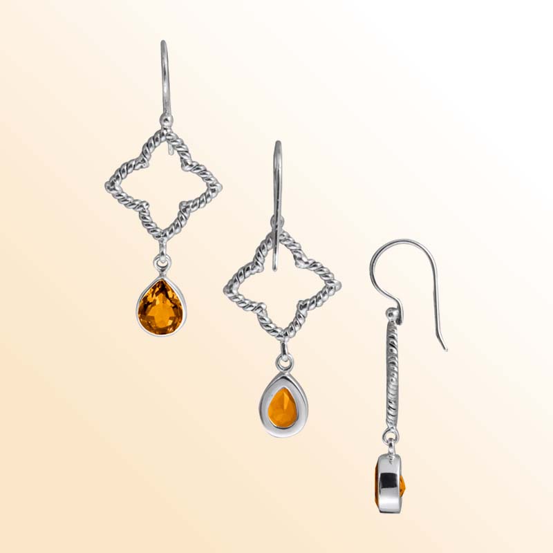Handcrafted Sterling Silver earrings with Citrine Quartz featuring twisted rope diamond frame and teardrop design.