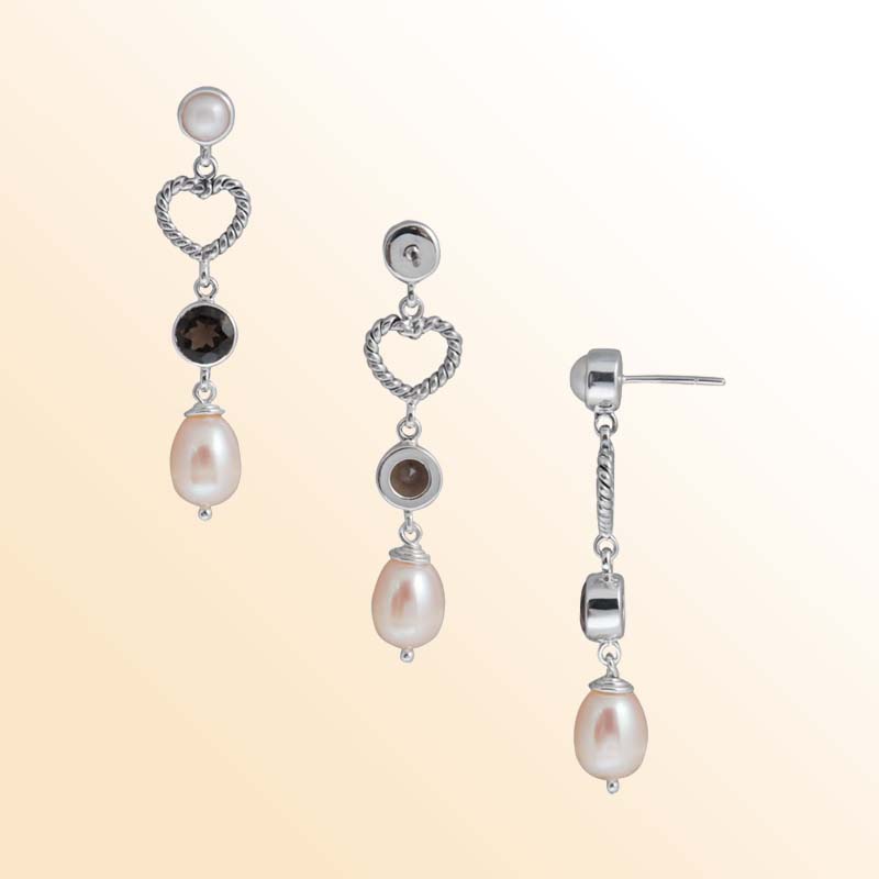 Handcrafted Sterling Silver earrings with Fresh Water Pearl and Smoky Quartz featuring rope heart design and polished finish.