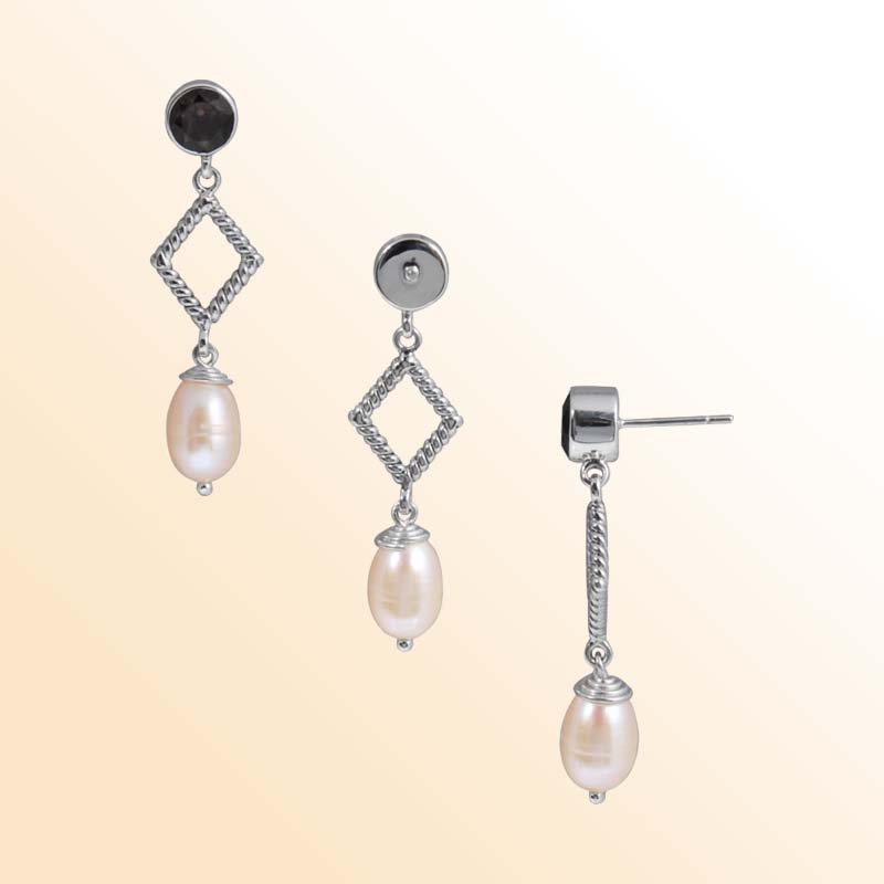 Handcrafted Sterling Silver earrings with Fresh Water Pearl featuring twisted rope diamond drop design and polished finish.