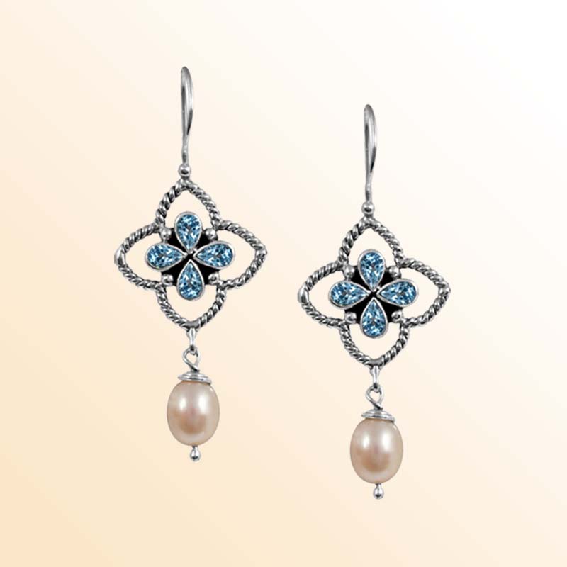 Handcrafted Sterling Silver earrings with Fresh Water Pearl and Blue Topaz Quartz featuring floral rope frame design and polished finish.