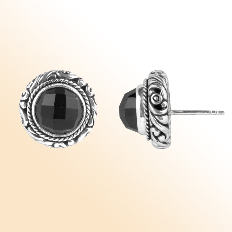 Handcrafted Sterling Silver Black Onyx round stud earrings with Balinese carvings and dual-textured finish.