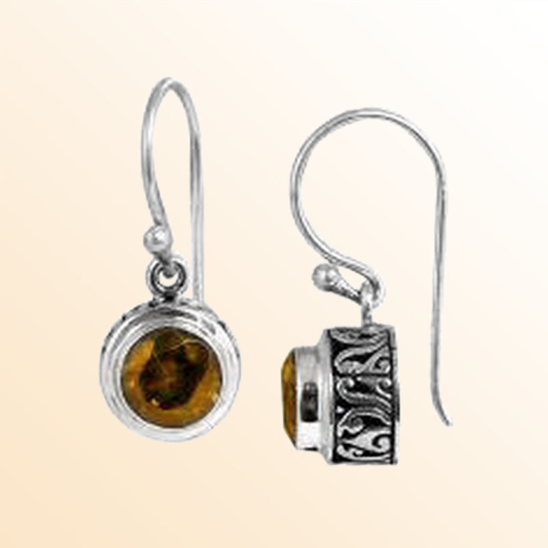 Handcrafted Sterling Silver Citrine Quartz round earrings with Balinese carvings and polished finish.