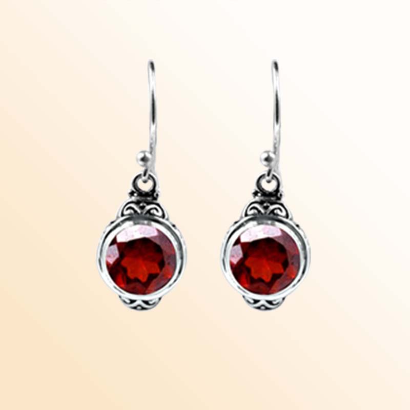 Handcrafted Sterling Silver Garnet Quartz Round Hook Earrings With Balinese Design
