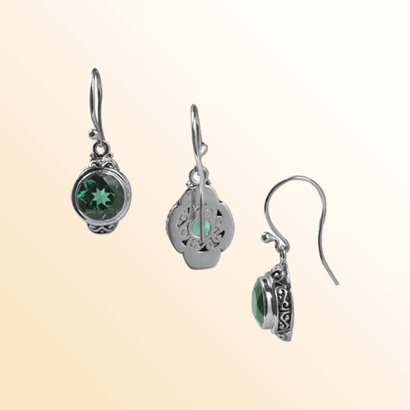 Handcrafted Sterling Silver Green Quartz Round Hook Earrings With Balinese Design