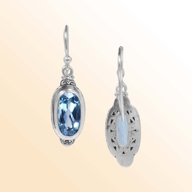Handcrafted Sterling Silver Blue Topaz Quartz Oval Ocean Earrings With Balinese Design