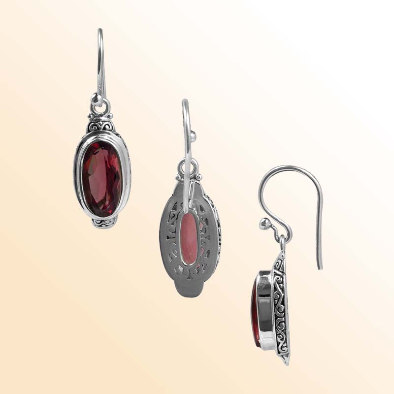 Handcrafted Sterling Silver Garnet Quartz Oval Passion Earrings With Balinese Design