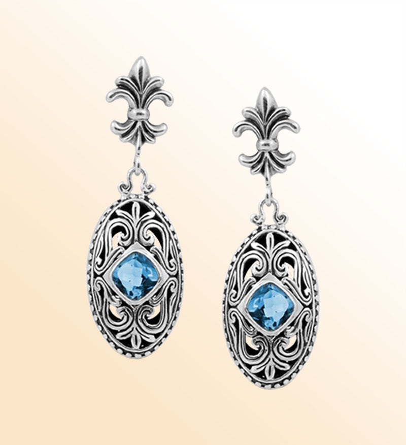 Handcrafted Sterling Silver Blue Topaz Quartz Scroll Drop Earrings With Balinese Design