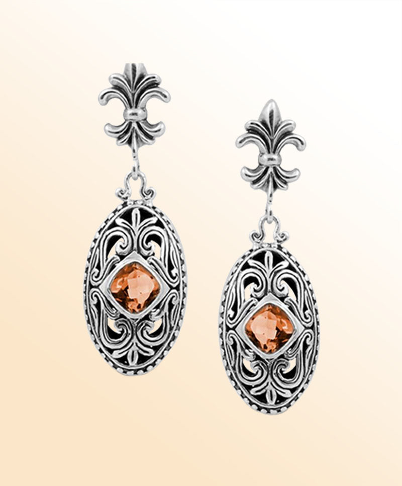 Handcrafted Sterling Silver Royal Citrine Quartz Scroll Drop Earrings With Balinese Detailing