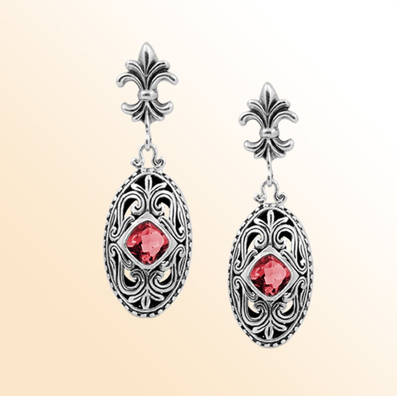 Handcrafted Sterling Silver Garnet Quartz Scroll Drop Earrings With Balinese Detailing