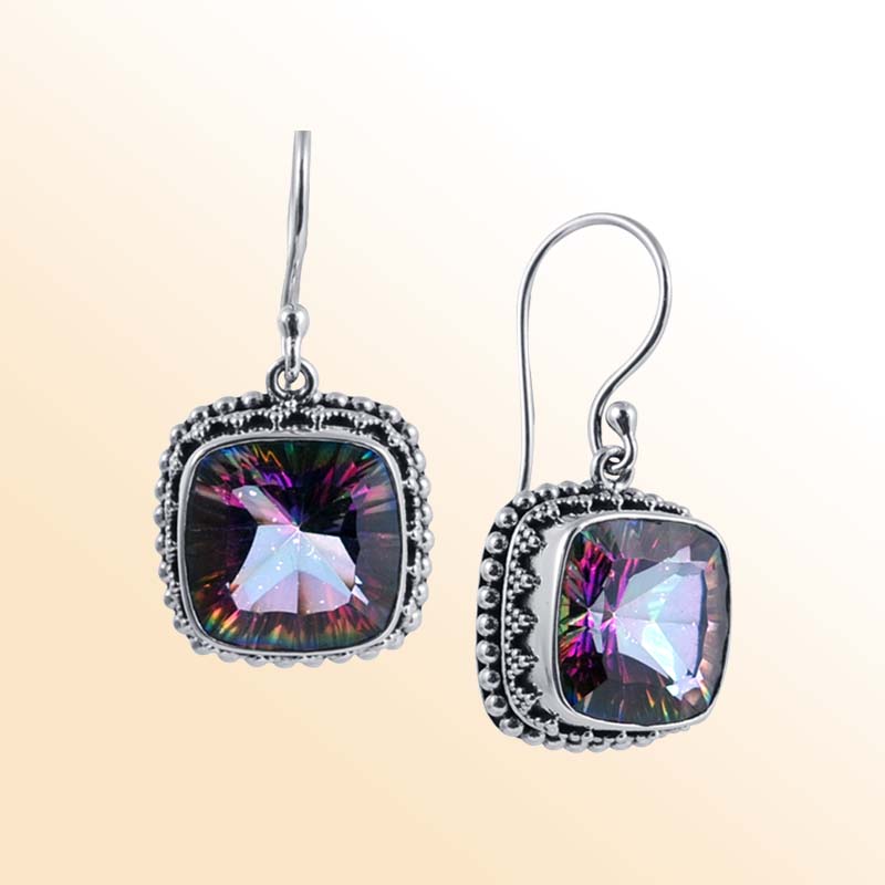 Handcrafted Sterling Silver Mystic Quartz cushion hook earrings with granulated Balinese design