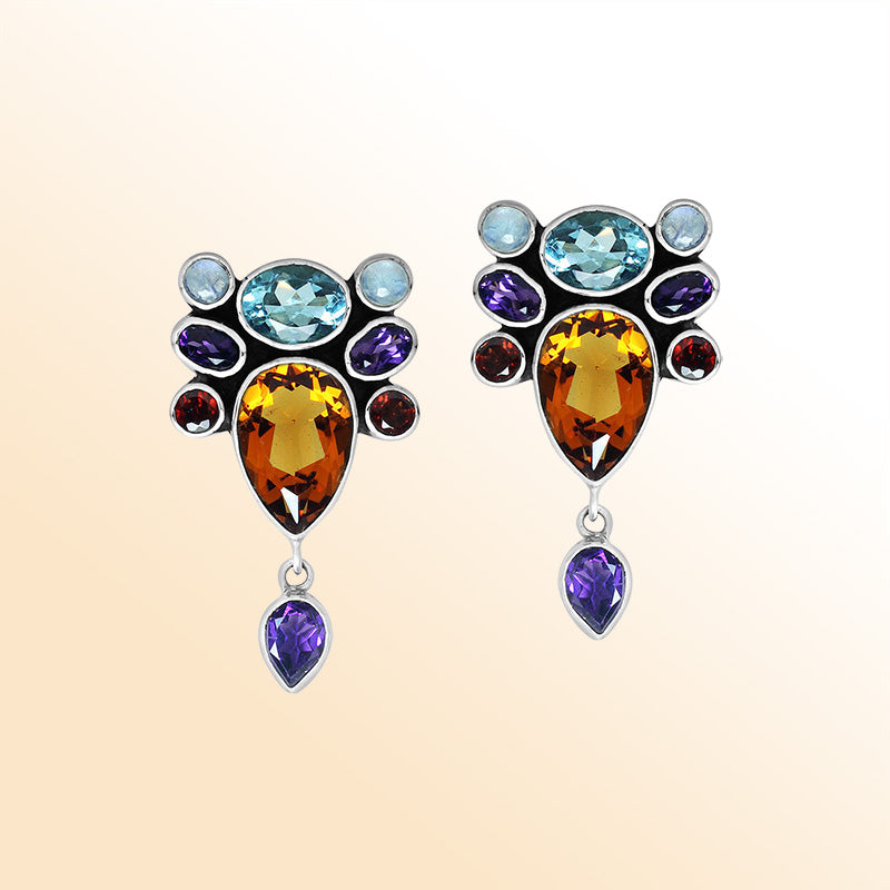 Handcrafted Sterling Silver Multi-Stone Cluster Drop Earrings With Blue Topaz, Amethyst, Citrine, Garnet, And Rainbow Moonstone Quartz – Bali Collection