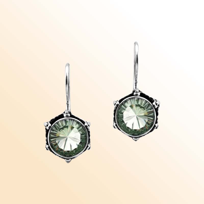 Handcrafted Sterling Silver Earrings With Green Amethyst Quartz Round Stones And Halo Frame