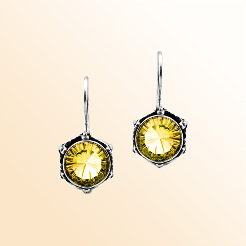 Vintage sterling silver Lemon Quartz dangle earrings with handcrafted Balinese detailing