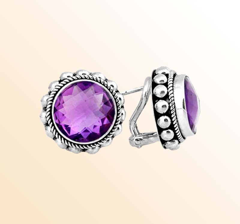 Handcrafted Sterling Silver Stud Earrings With Faceted Amethyst Quartz Round Design