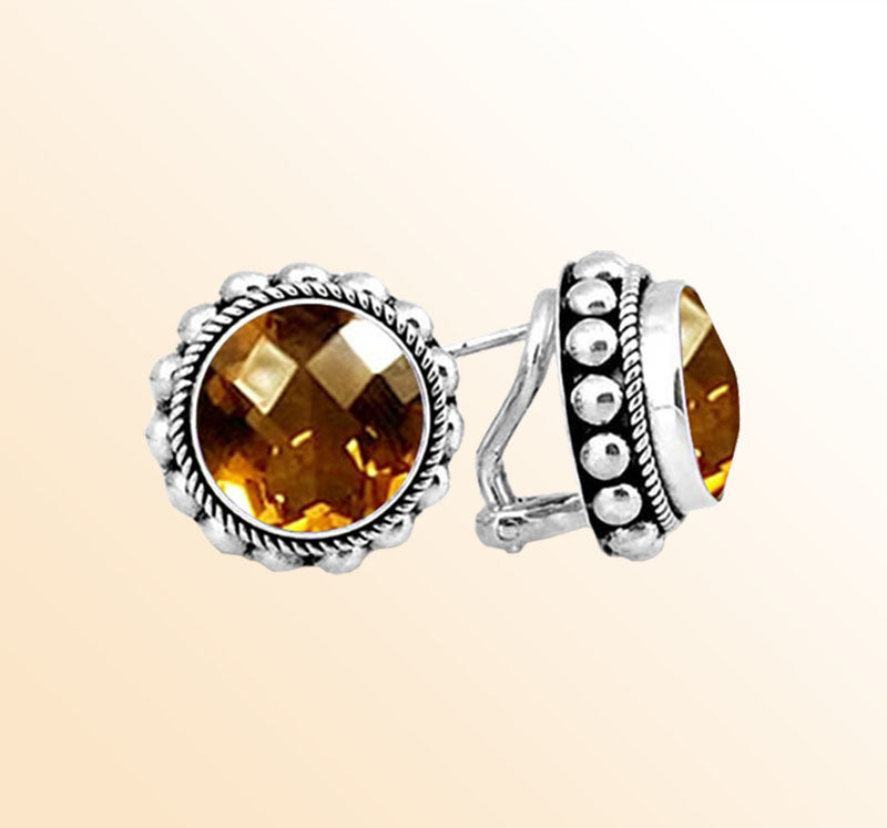 Handcrafted Sterling Silver Stud Earrings With Faceted Citrine Quartz Round Design