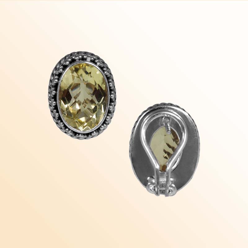 Handcrafted Sterling Silver Oval Stud Earrings With Faceted Lemon Quartz Design