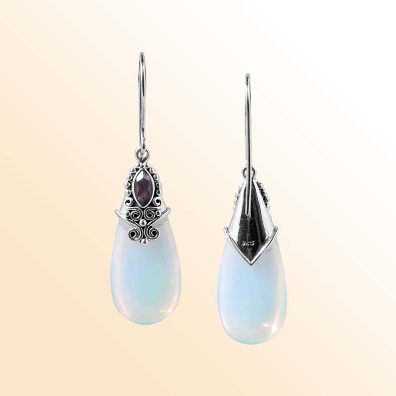 Handcrafted Sterling Silver Earrings With Opalite Teardrop And Amethyst Quartz Marquise Accent
