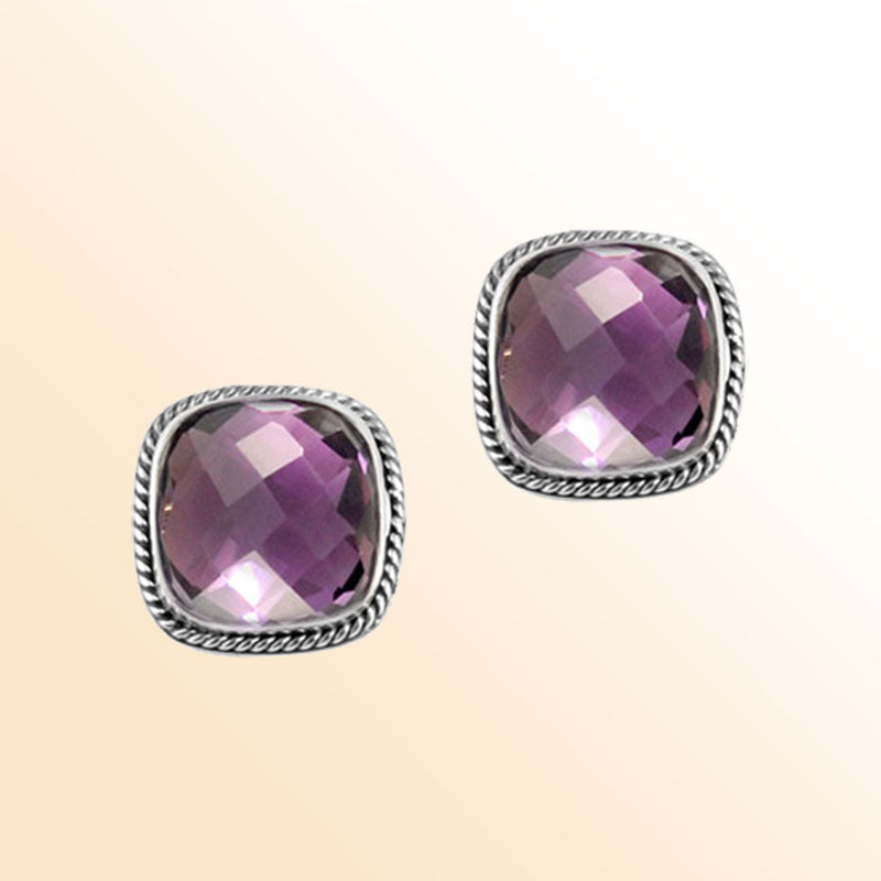 Handcrafted Sterling Silver Cushion Stud Earrings With Amethyst Quartz