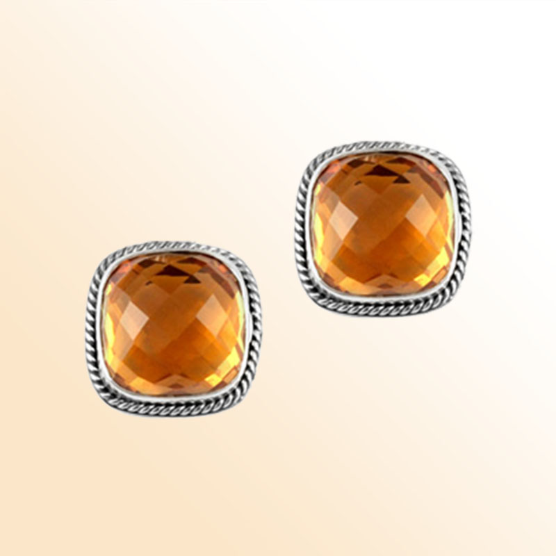 Handcrafted Sterling Silver Cushion Stud Earrings With Citrine Quartz
