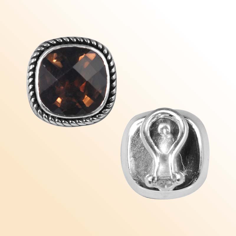 Handcrafted Sterling Silver Cushion Stud Earrings With Smoky Quartz