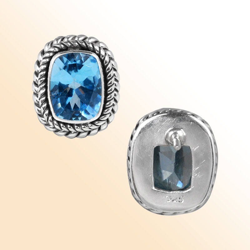 Handcrafted Sterling Silver Oval Cushion Stud Earrings With Blue Topaz Quartz