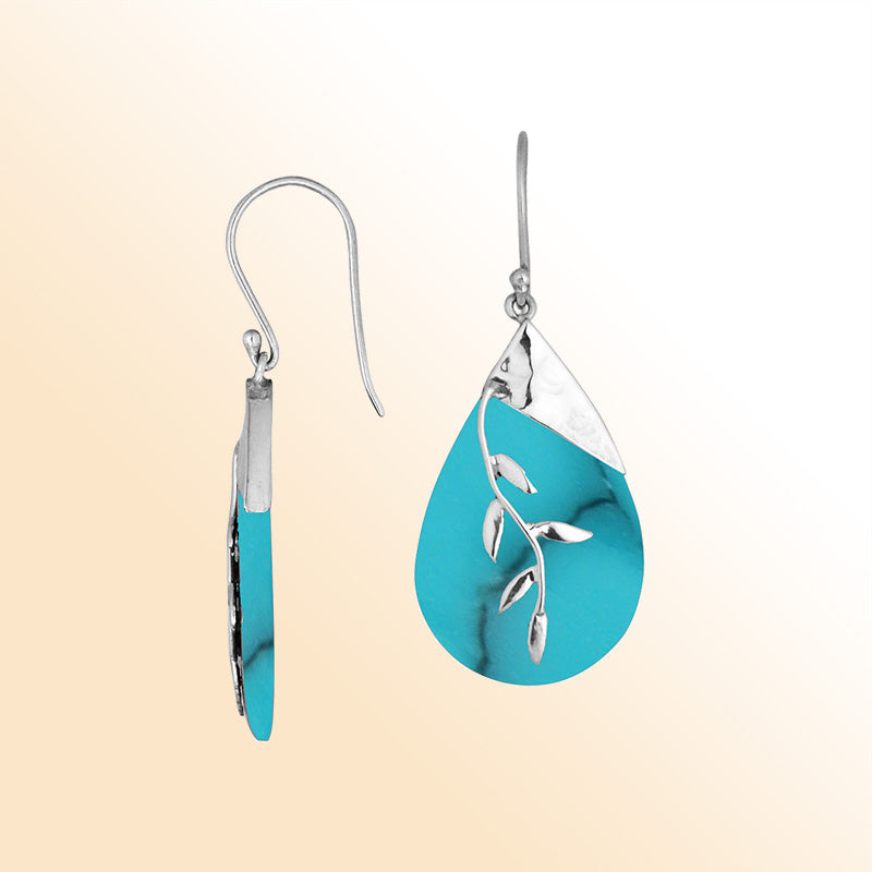 Artisan Sterling Silver Earrings With Turquoise Shell Teardrop And Leaf Vine Design.