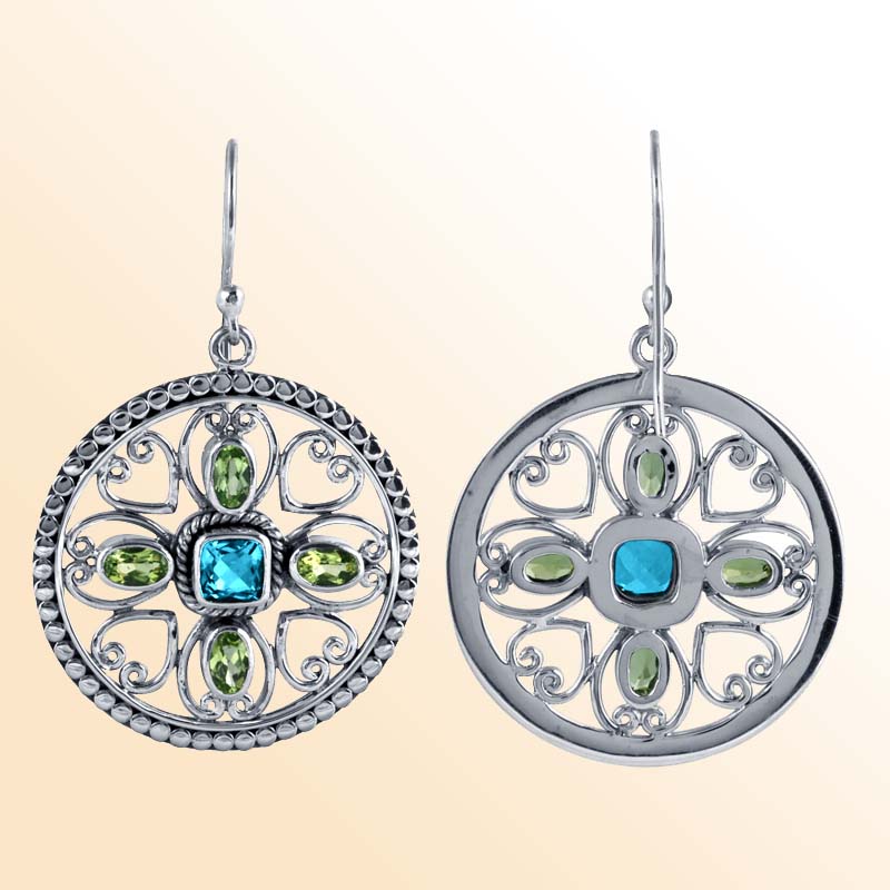 Artisan Sterling Silver Mandala Earrings With Blue Topaz Quartz Center And Peridot Quartz Accents.