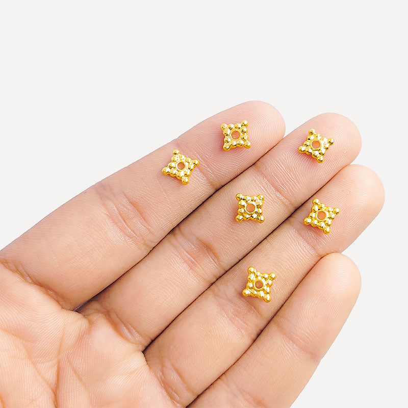 18K Gold Overlay Over Copper handcrafted square spacer bead from India with beaded design and polished gold finish for jewelry making.