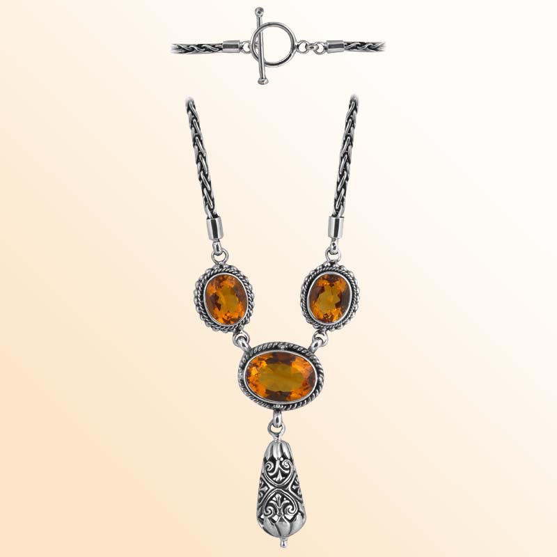 Handcrafted Sterling Silver Bali Citrine Quartz Pendant Necklace With Reflective Finish And Drop Accent.