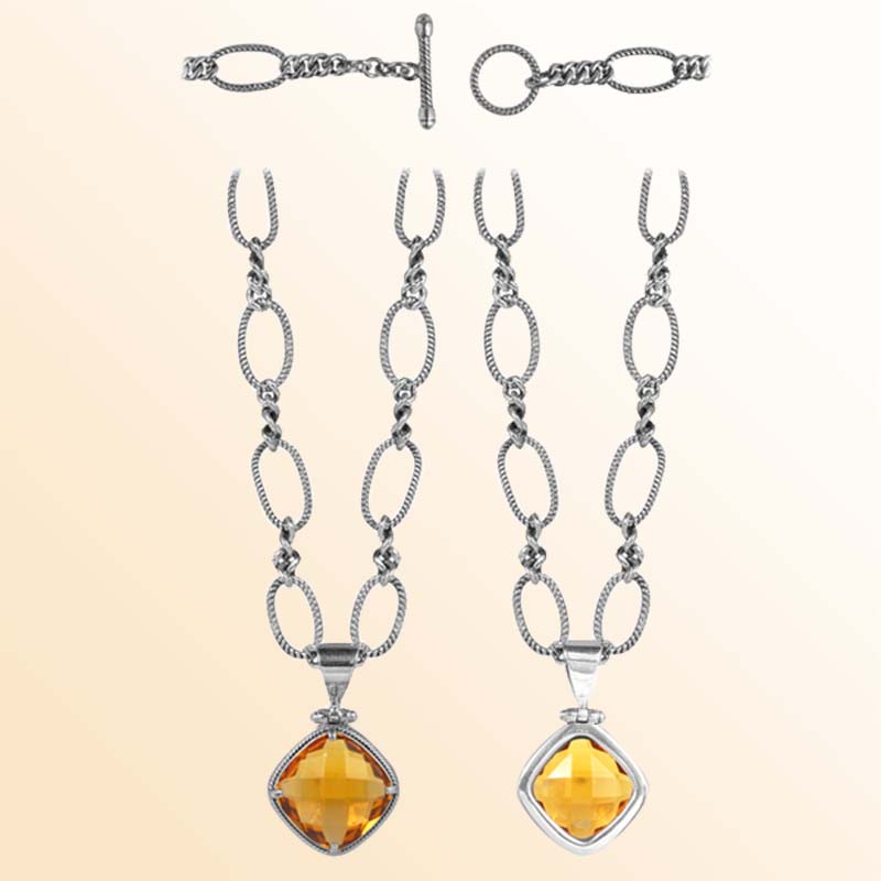 Handcrafted Sterling Silver Bali Citrine Quartz Cushion Pendant Necklace With Reflective Finish.