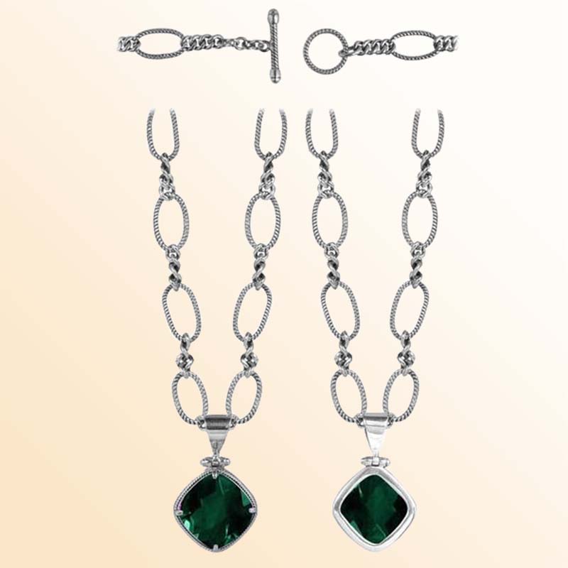 Handcrafted Sterling Silver Bali Green Quartz Cushion Pendant Necklace With Reflective Finish.