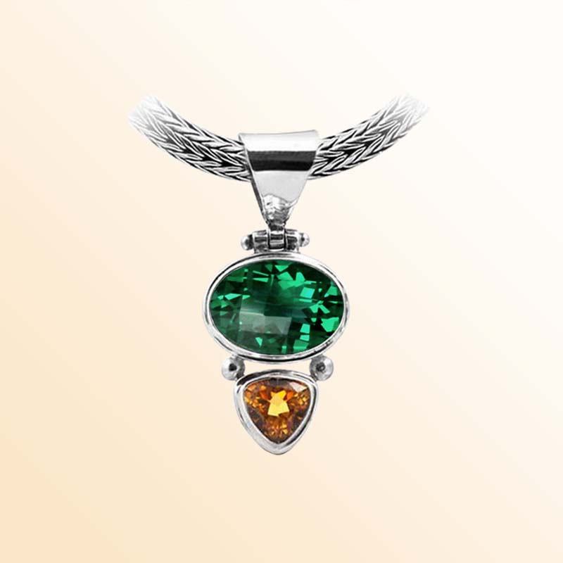 Handcrafted Sterling Silver Pendant With Green Quartz And Citrine Quartz In A Dual-Stone Polished Layout.