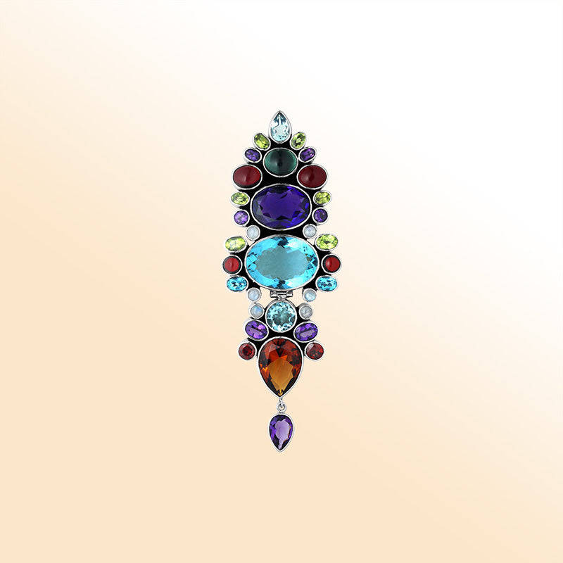Handcrafted Sterling Silver Vertical Pendant With Multi-Stone Quartz And Balinese Handicraft Detailing.