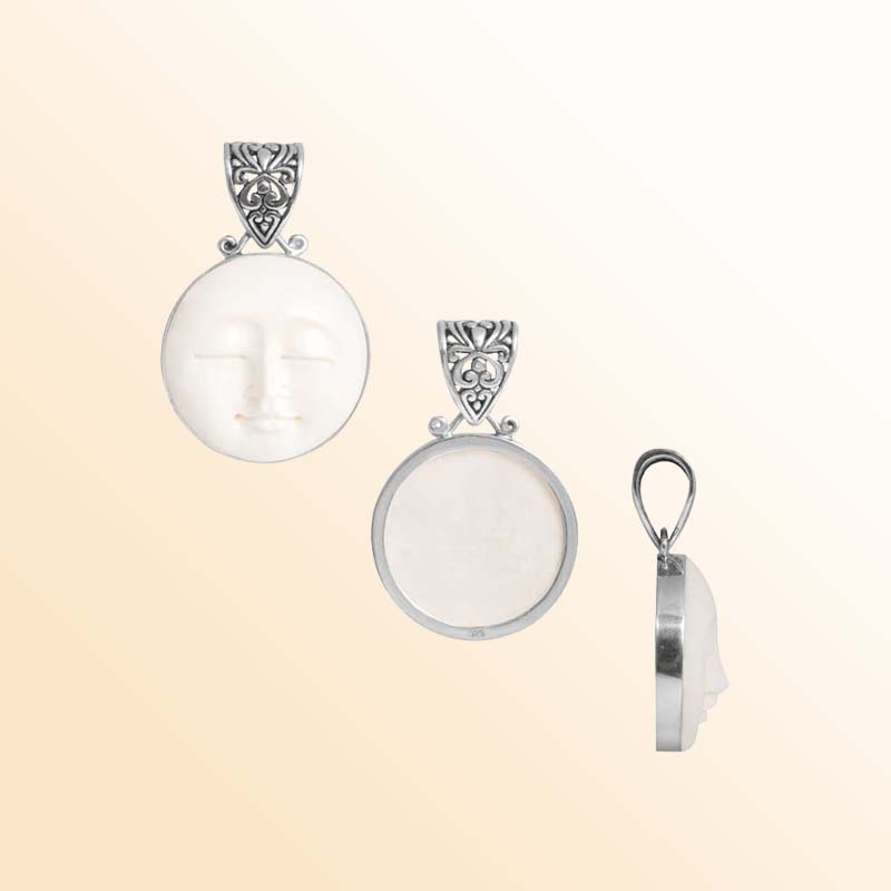 Handcrafted Sterling Silver Bone Face Round Pendant With Balinese Scrollwork Bail.