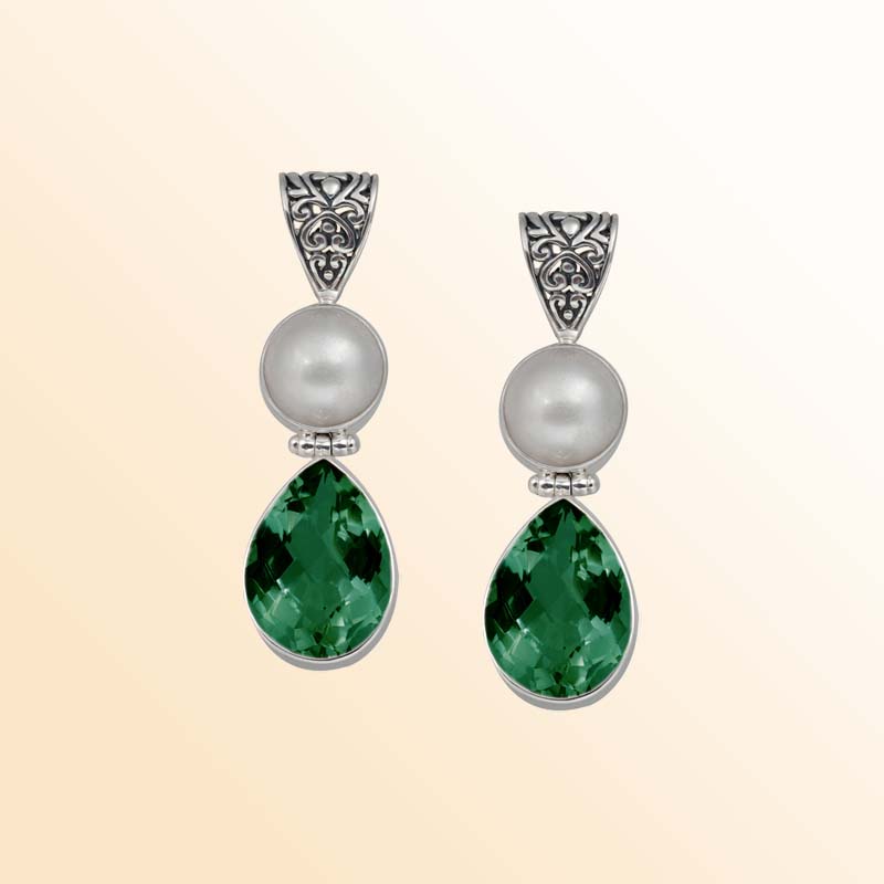 Balinese Sterling Silver Pendant With Mabe Pearl And Green Quartz In Teardrop Design.