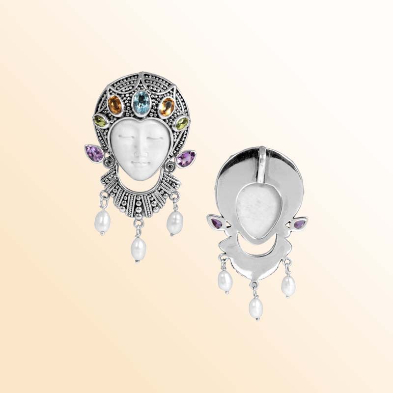 Balinese Sterling Silver Multi Stone Bone Face Pendant With Amethyst Quartz Blue Topaz Quartz Peridot Quartz Citrine Quartz And Mabe Pearl.