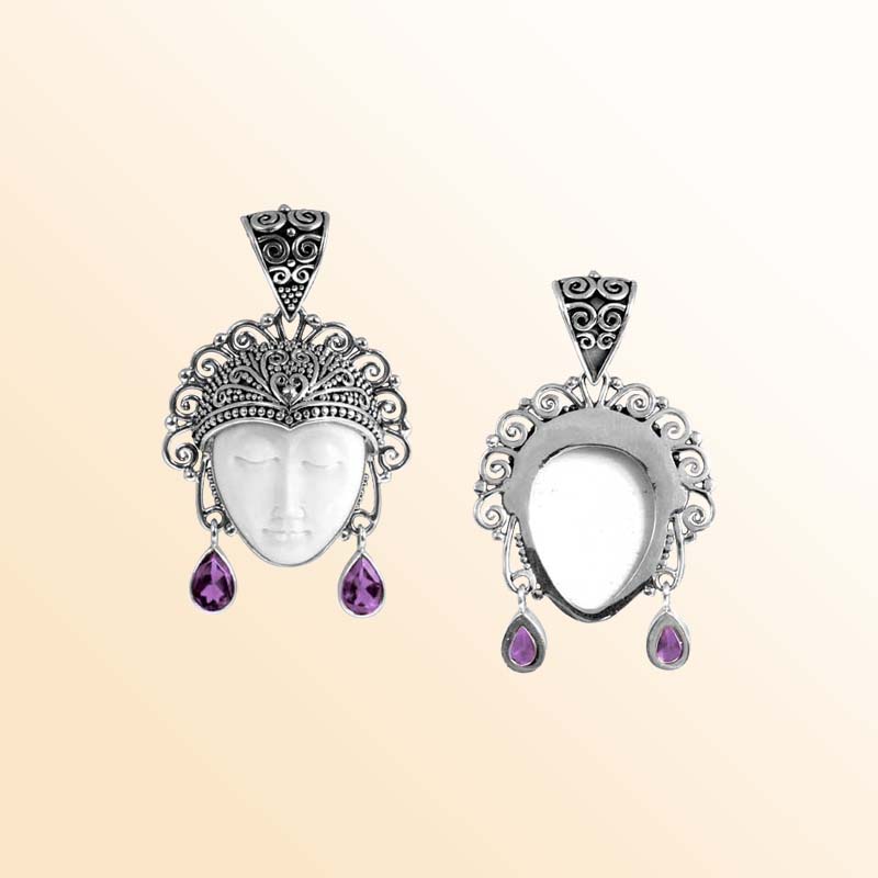 Balinese Sterling Silver Amethyst Quartz Bone Face Pendant With Artistic Filigree Design.
