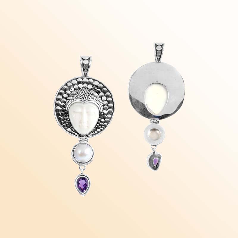 Balinese Sterling Silver Fresh Water Pearl Amethyst Quartz Bone Pendant With Artistic Sunburst Detail.
