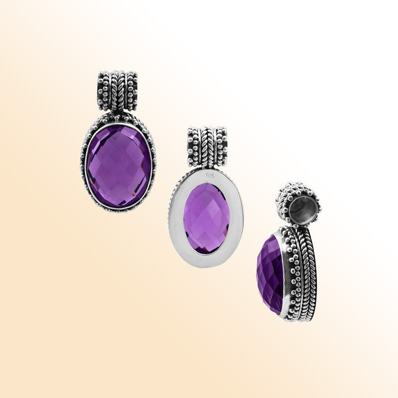 Handcrafted Sterling Silver Amethyst Quartz Rope Edge Oval Pendant