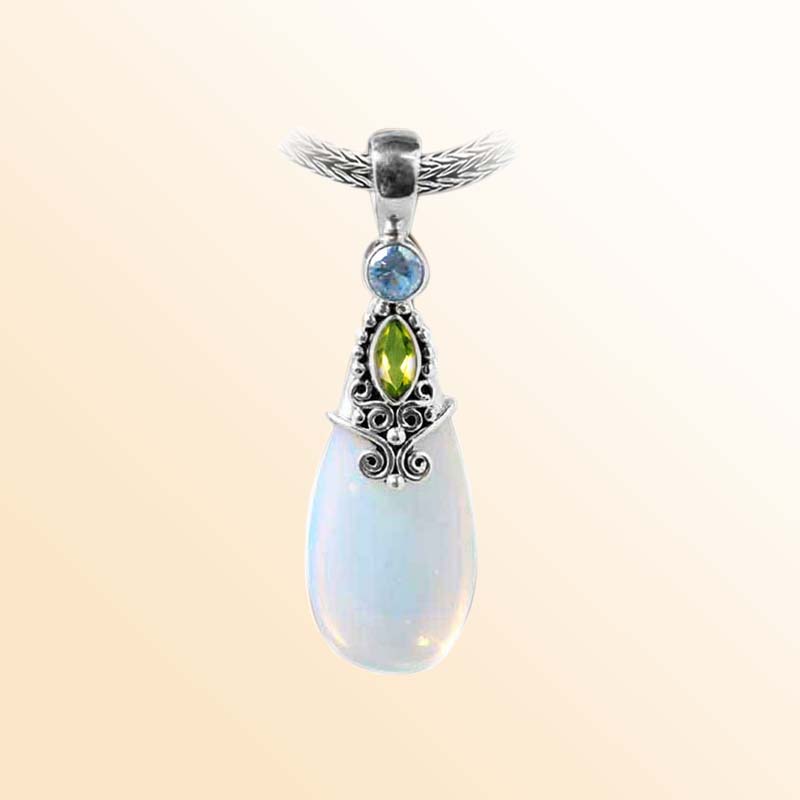 Sterling silver pendant with Peridot, Opalite, and Blue Topaz Quartz handcrafted in Bali
