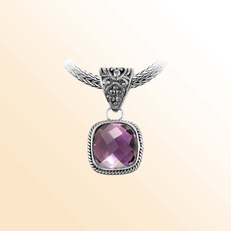 Handcrafted Sterling Silver Amethyst Quartz Cushion Pendant With Rope Frame And Ornate Bail