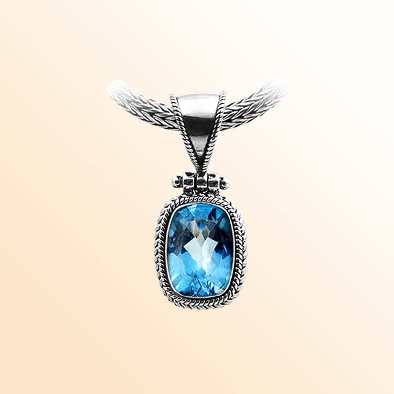 Handcrafted Sterling Silver Blue Topaz Quartz Oval Pendant With Rope Frame And Granulated Accent Bar