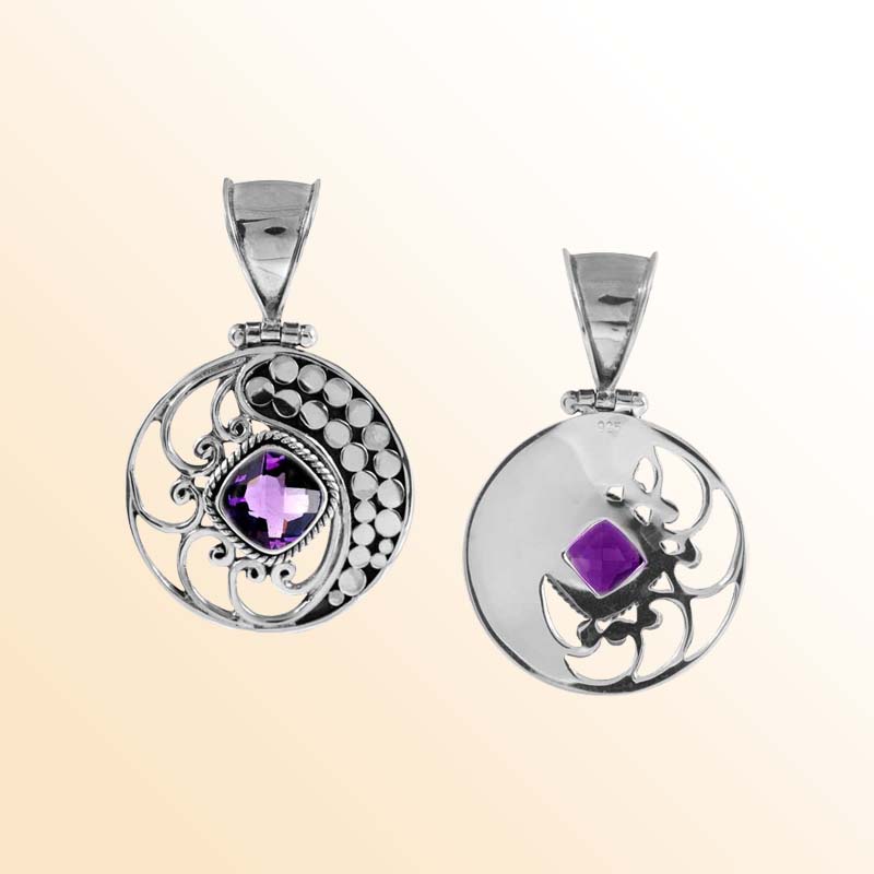 Artisan Sterling Silver Bali Pendant With Amethyst Quartz Cushion Center