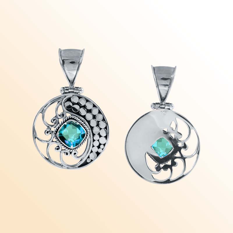 Artisan Sterling Silver Bali Pendant With Blue Topaz Quartz Cushion Center