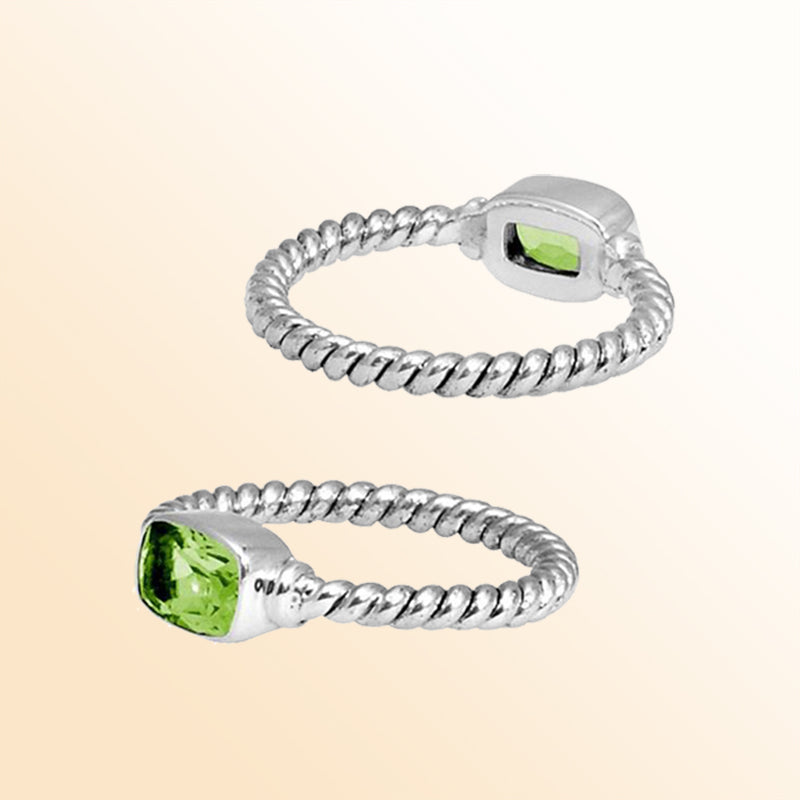 Sterling Silver Peridot Quartz Cushion Rope Ring – Handcrafted In Bali With Twisted Silver Band