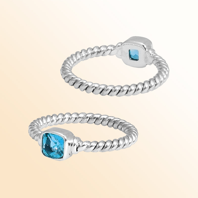 Sterling Silver Blue Topaz Quartz Cushion Rope Ring – Handcrafted In Bali With Twisted Silver Band