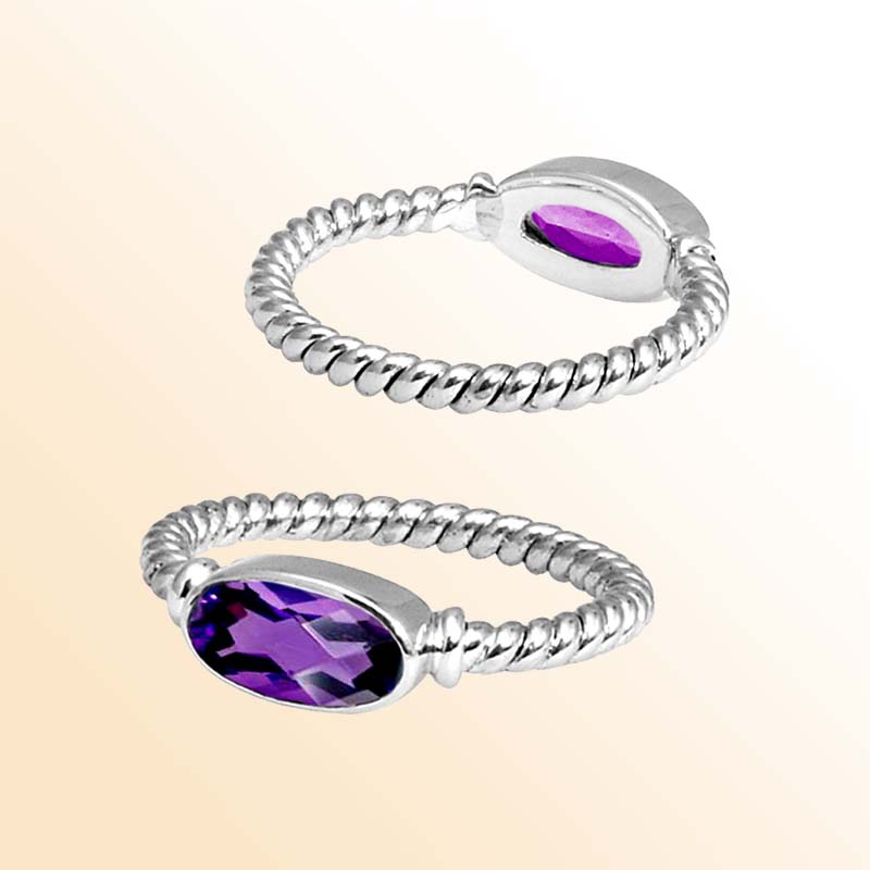 Sterling Silver Amethyst Quartz Marquise Rope Ring – Handcrafted In Bali With Twisted Silver Band