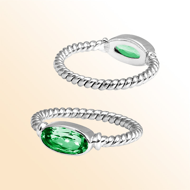Sterling Silver Green Quartz Marquise Rope Ring – Handcrafted In Bali With Twisted Silver Band