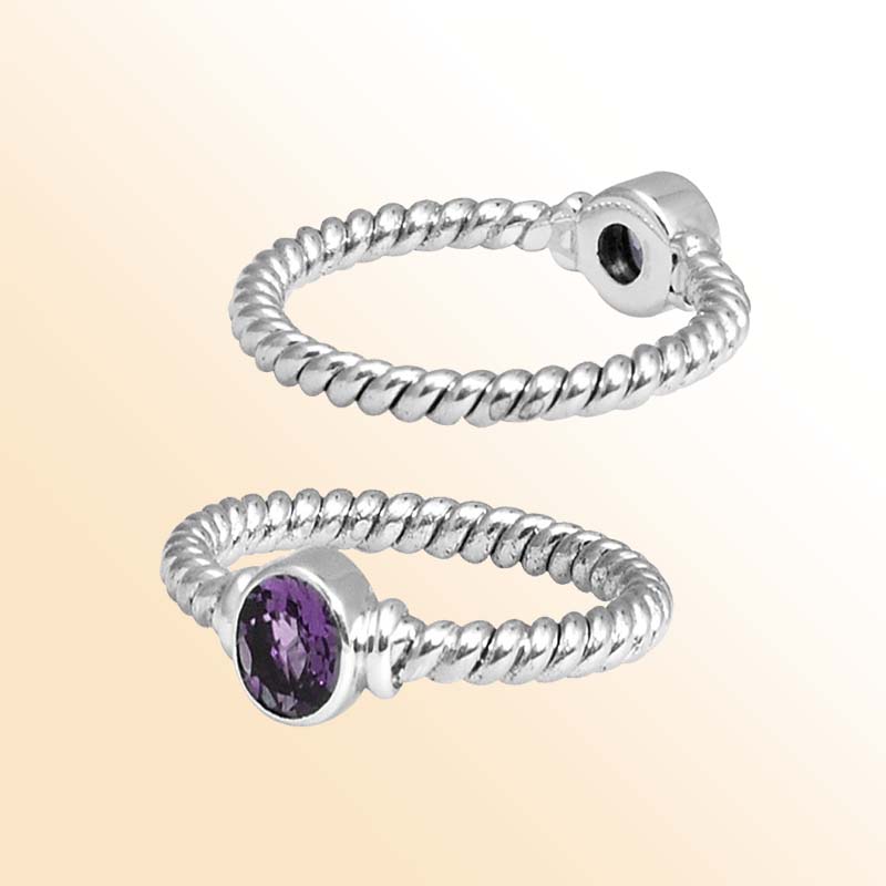 Sterling Silver Amethyst Quartz Round Rope Ring – Handcrafted In Bali With Twisted Silver Band