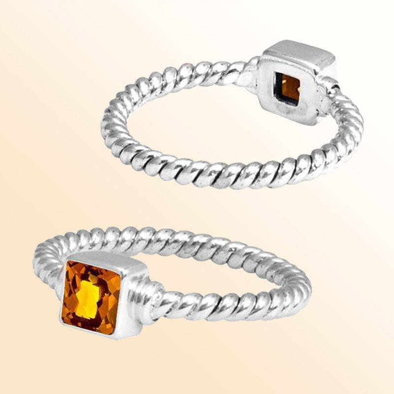Sterling silver radiance rope ring with square Citrine Quartz, handcrafted in Bali.